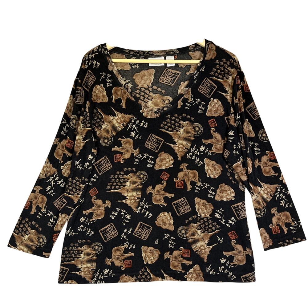 Chico's Travelers Top Womens Large V-Neck Elephant Print Slinky Black Gold Brown